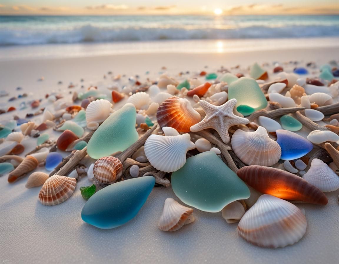 Seaglass and Seashells on a White Sandy Beach