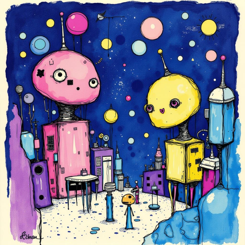 Cute Robots Enjoying Coffee at an Outer Space Cafe