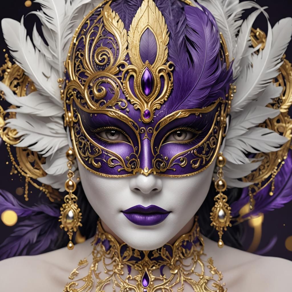 Dazzling Masquerade Ball,porcelain white mask in purple,black and gold details with feathers as well very elegant