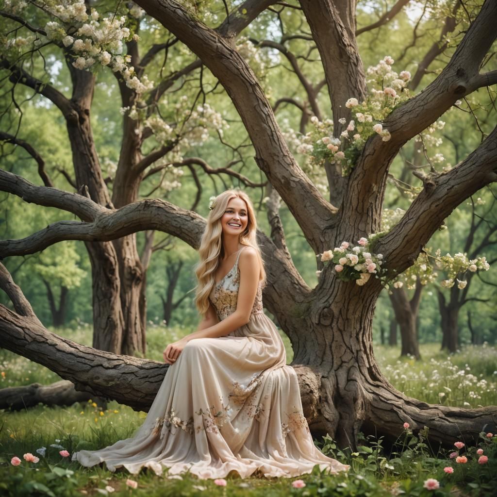 Blond Woman in Fantasy Forest Summer Scene