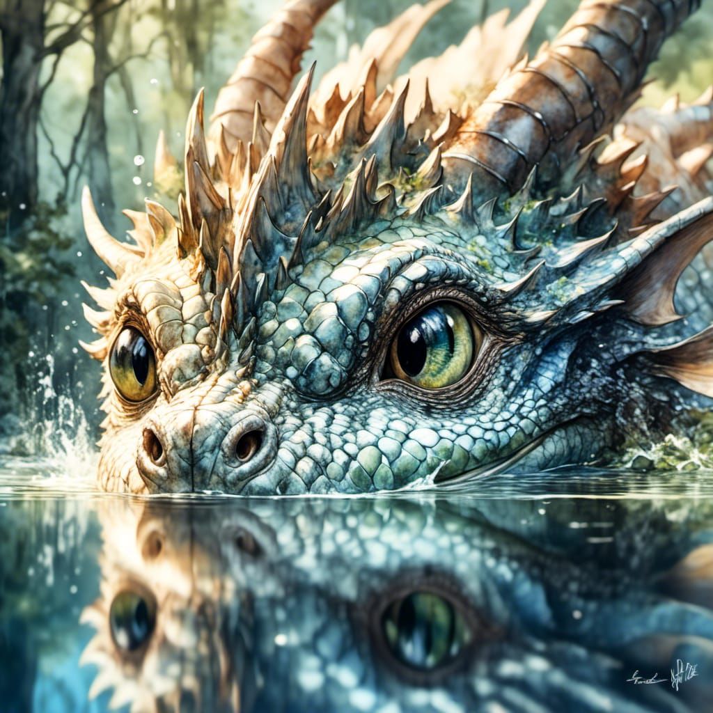 Watercolor Dragon Swimming in a Swamp