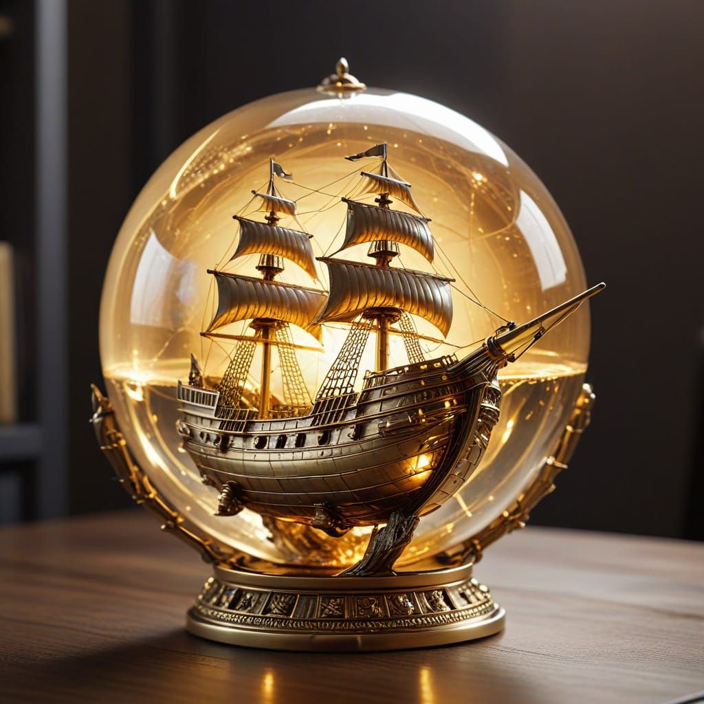 Golden Ship Encased in Glowing Orb