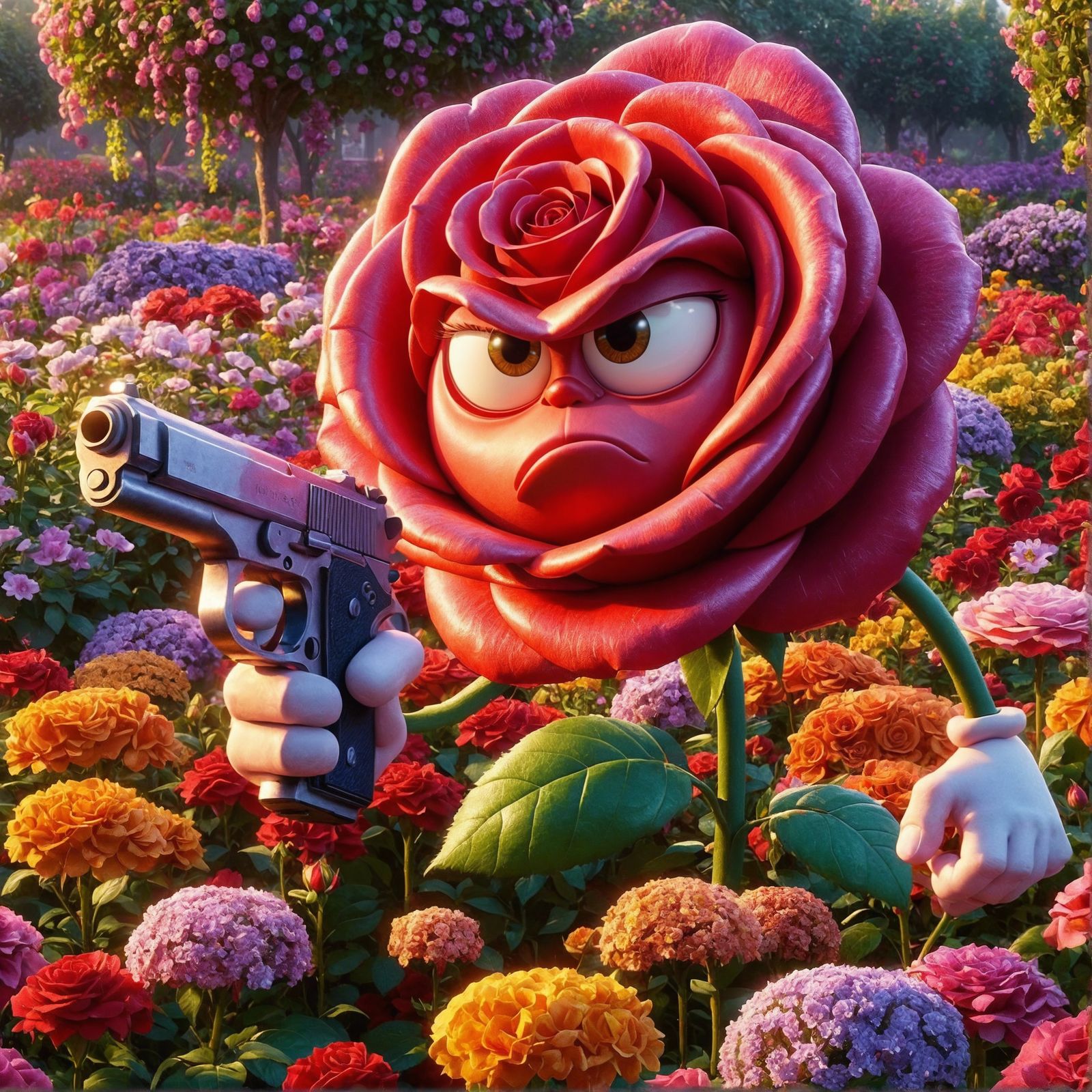 Grumpy Rose with Gun in Flower Garden