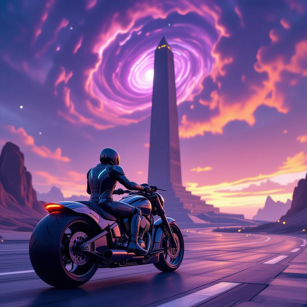 Futuristic Rider on Alien Planet with Monument