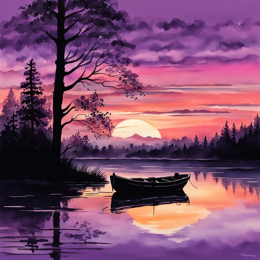 Moored Boat Silhouette at Purple Sunset