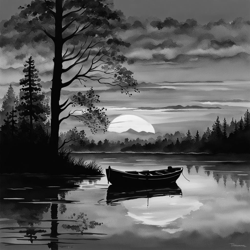 Moored Boat Under a Sinking Sun in Gouache Style