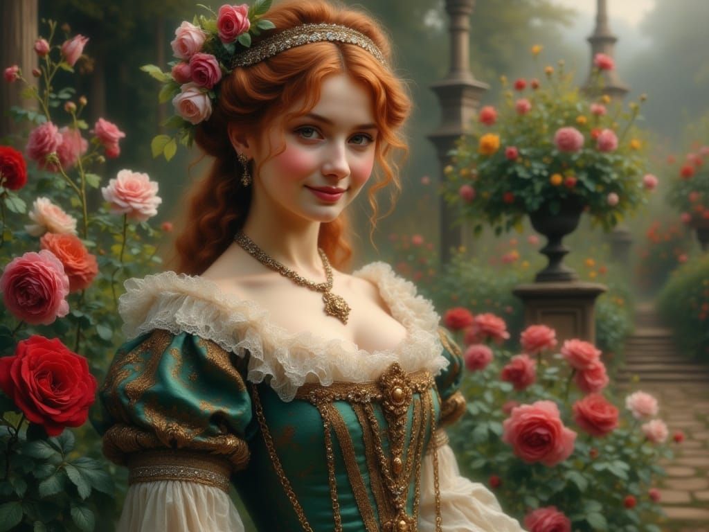 A Victorian-Era Lady in a Whimsical Rose Garden, Reminiscent...