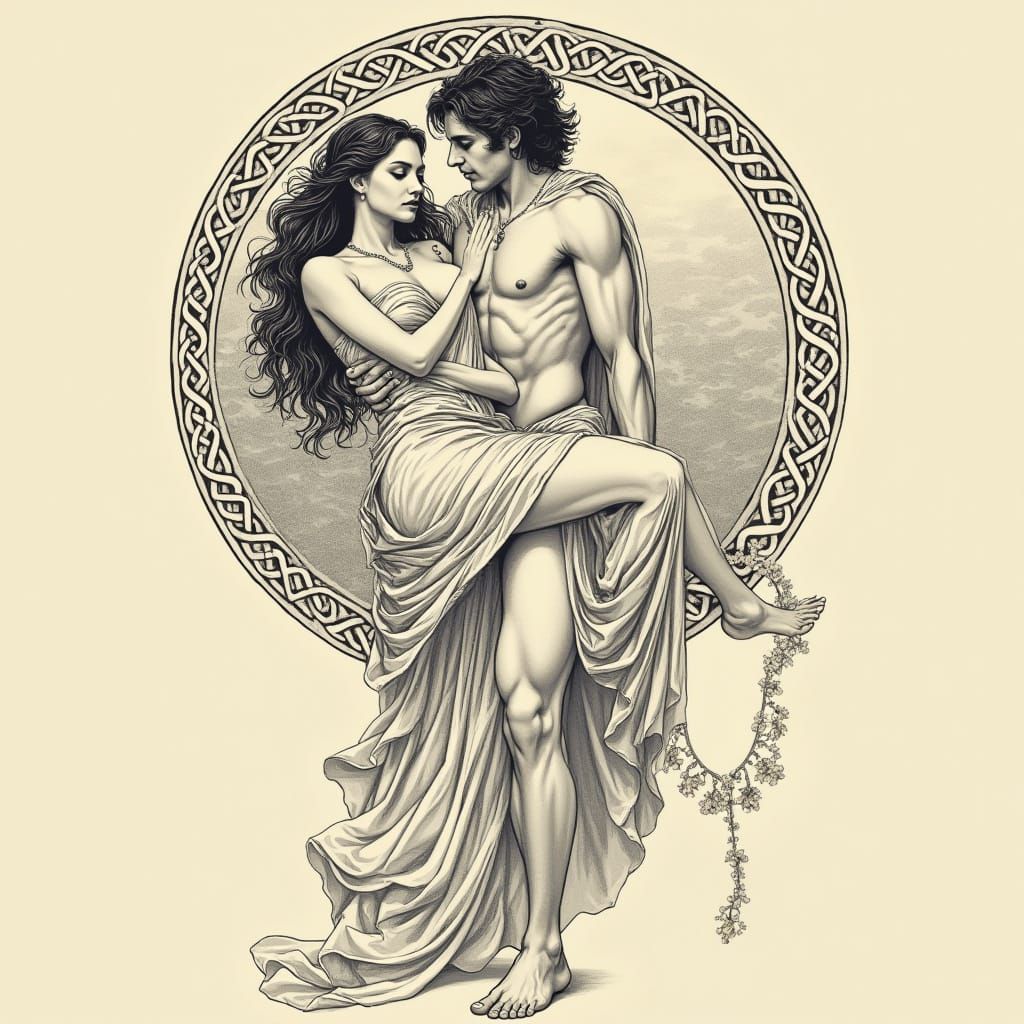 Heroic Men in Gentle Poses with Women, Art Nouveau and Celti...