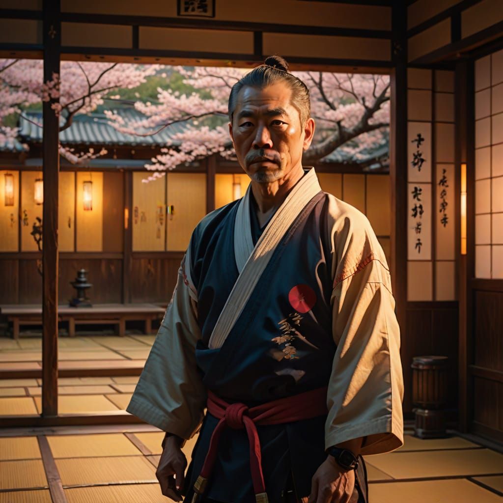 Mas Oyama in Dojo: Vibrant Oil Painting