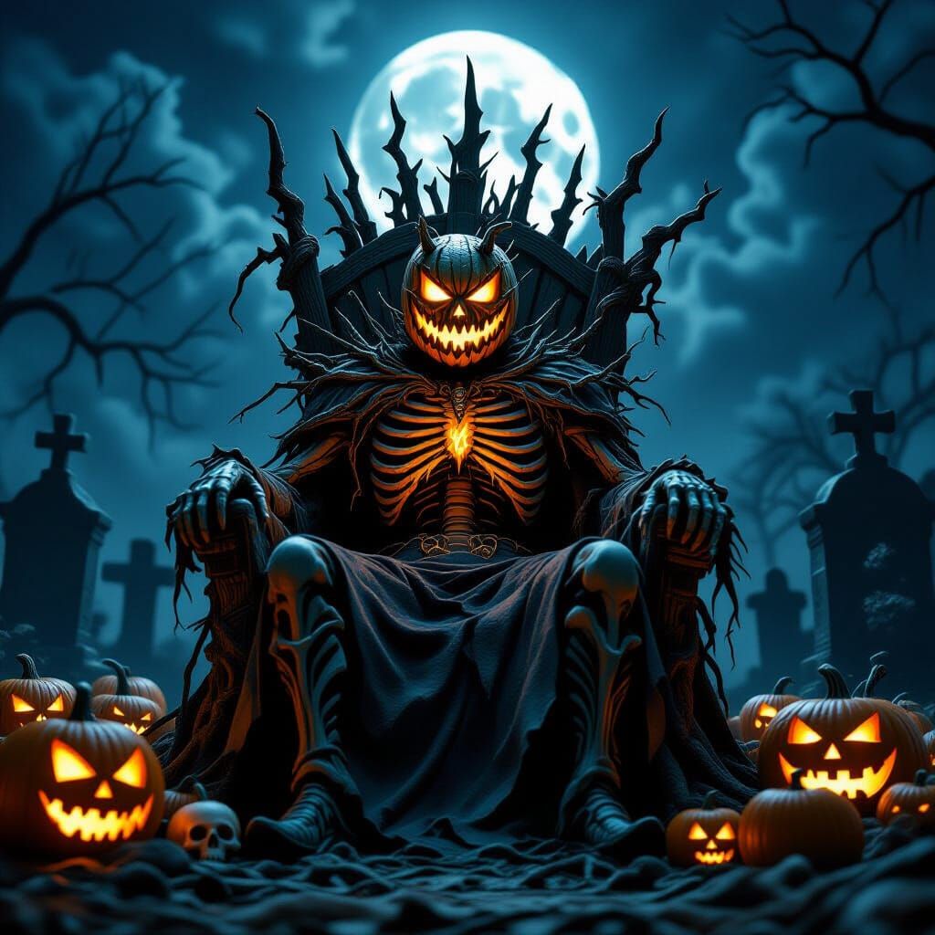 Grotesque Pumpkin King in Moonlit Graveyard