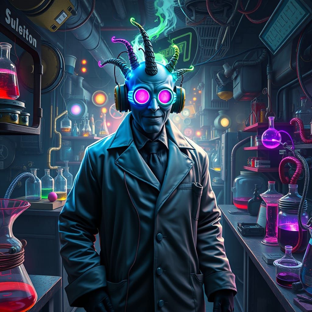 Dr. Glitch in Chaotic Lab: Matte Painting