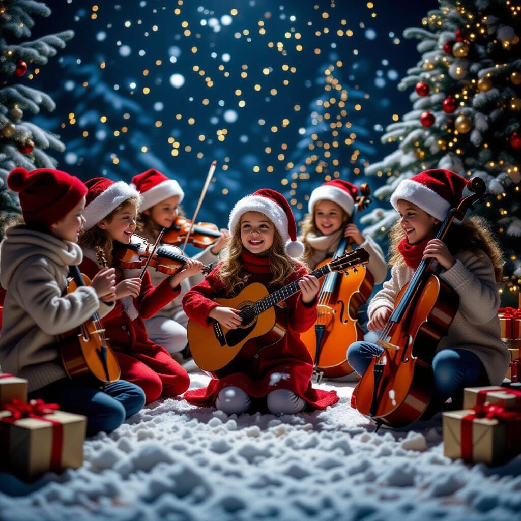 Children Play Music in Vibrant Christmas Scene