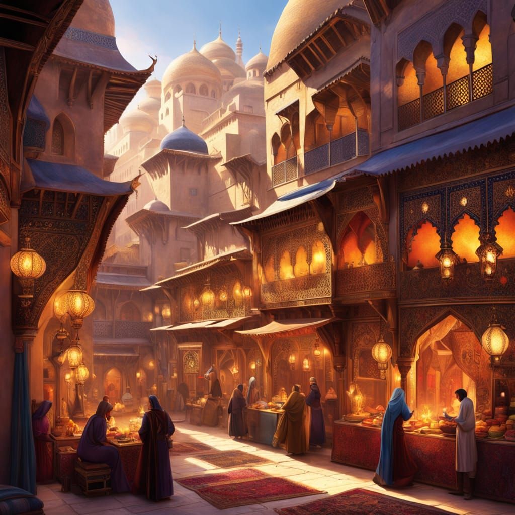 Vibrant Fantasy Bazaar in Golden Light
