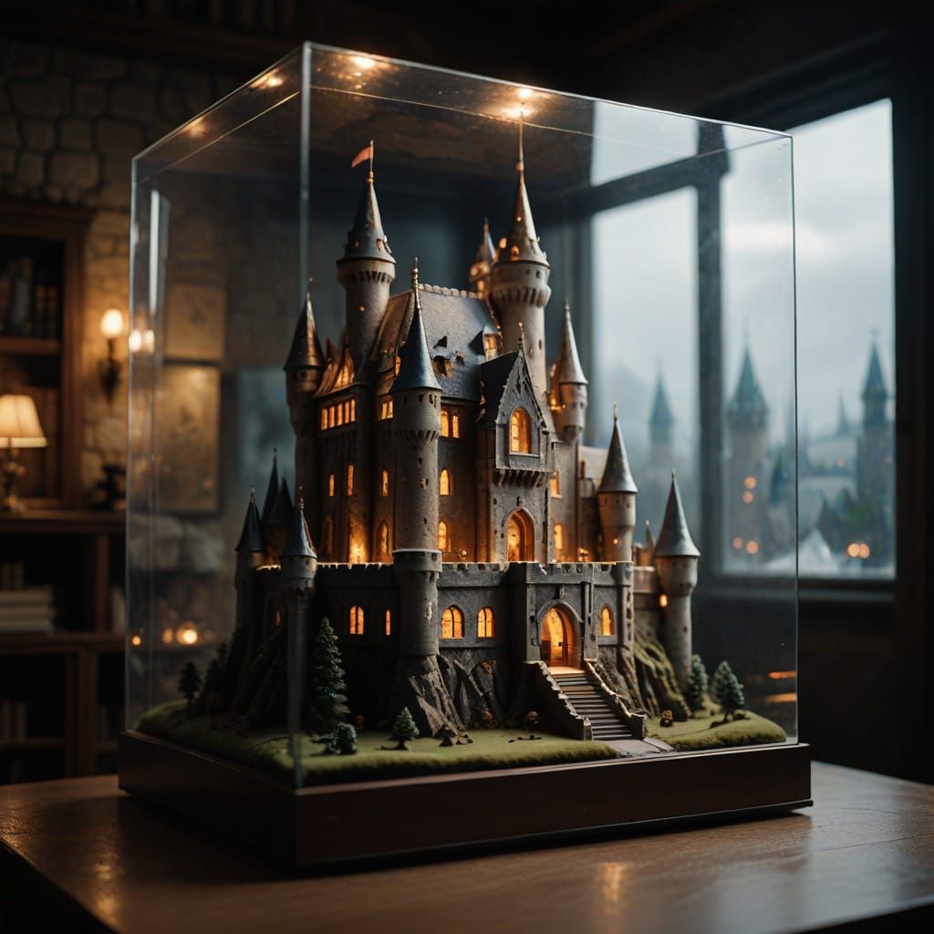 Realistic Miniature Castle in Glass Case