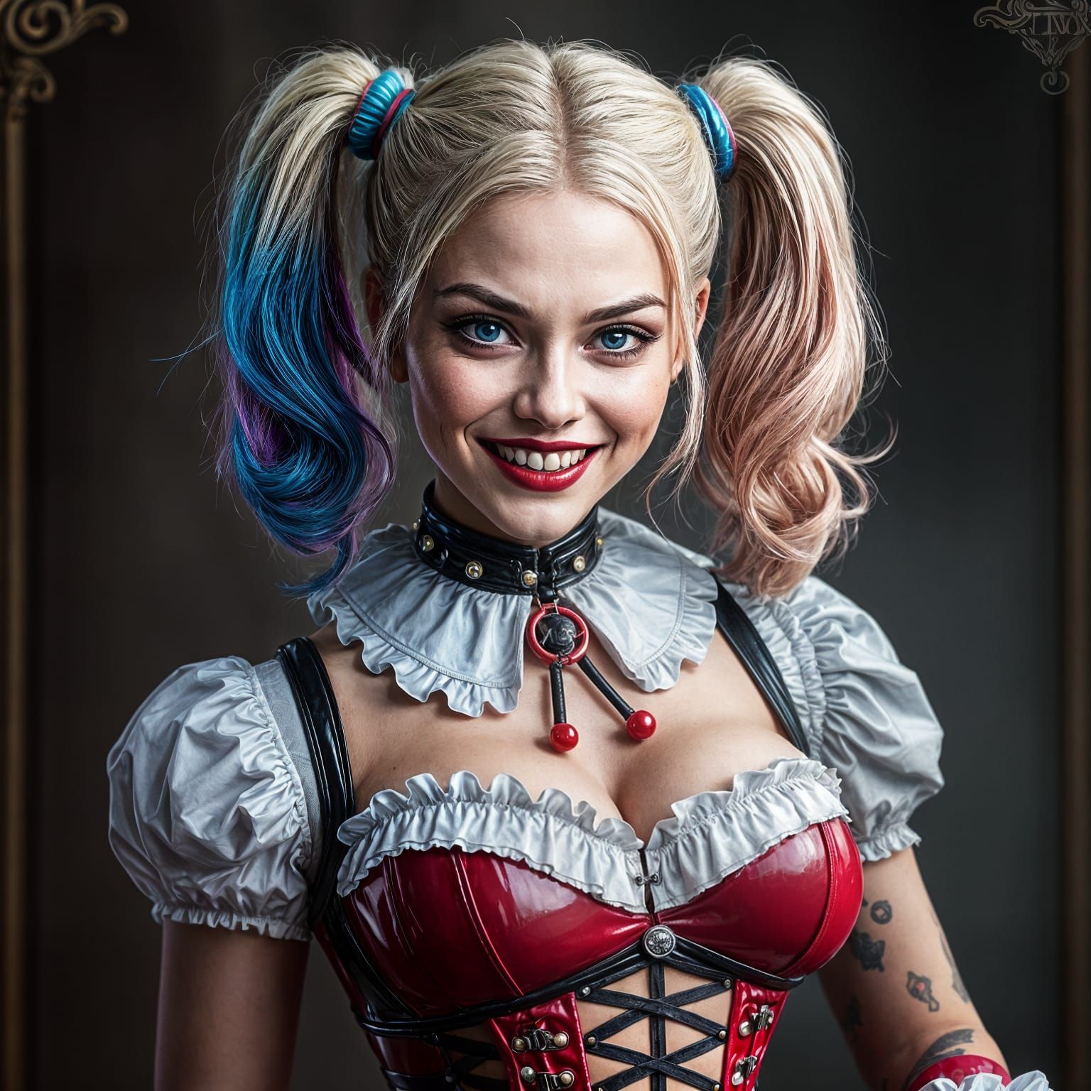 Harley Quinn in Victorian Latex with Colorful Pigtails