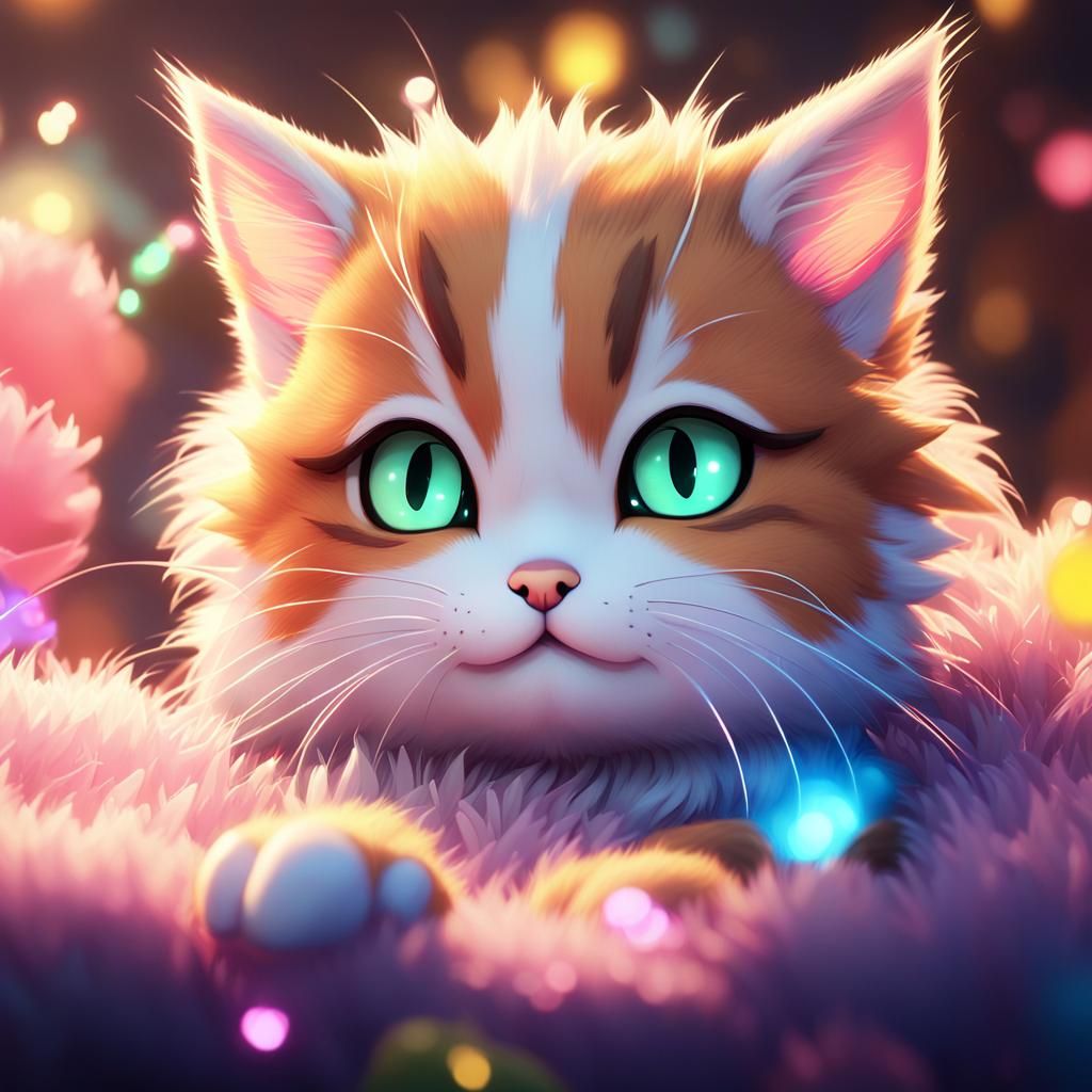 Chibi Anime Kitten with Vibrant Colors and Soft Shading