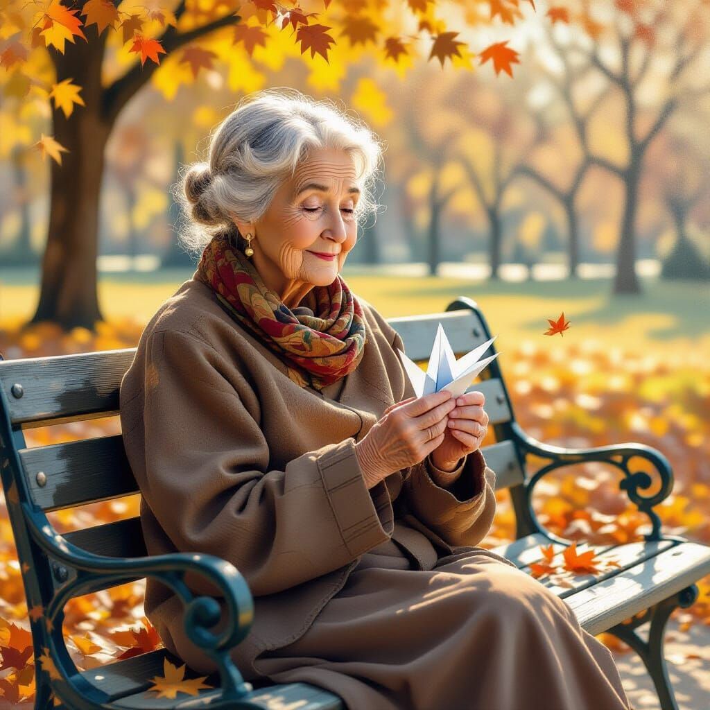 Elderly Woman with Origami Crane in Impressionist Style