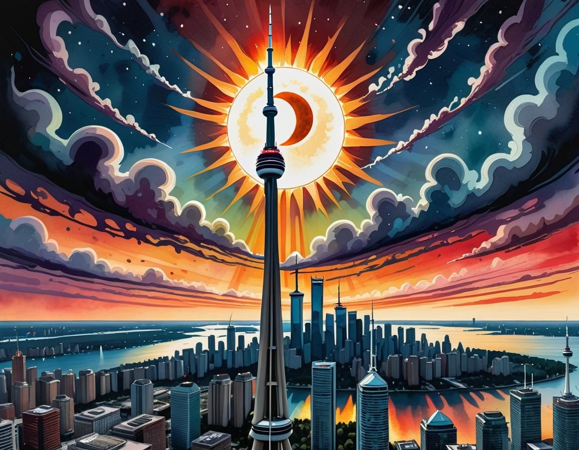 Solar Eclipse Over Toronto: Gouache Impressionist Masterpiec...