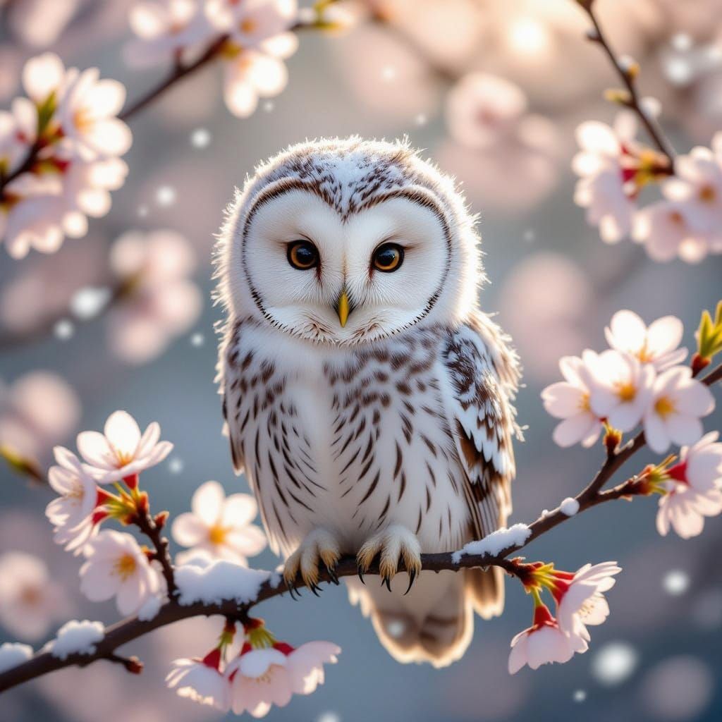 Fluffy Baby Snowy Owl on Cherry Blossom Branch