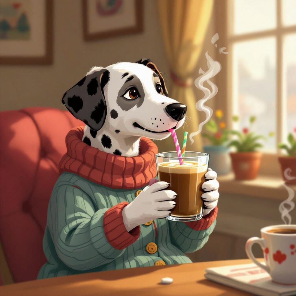 Dalmatian Drinks Coffee in Cozy, Whimsical Style