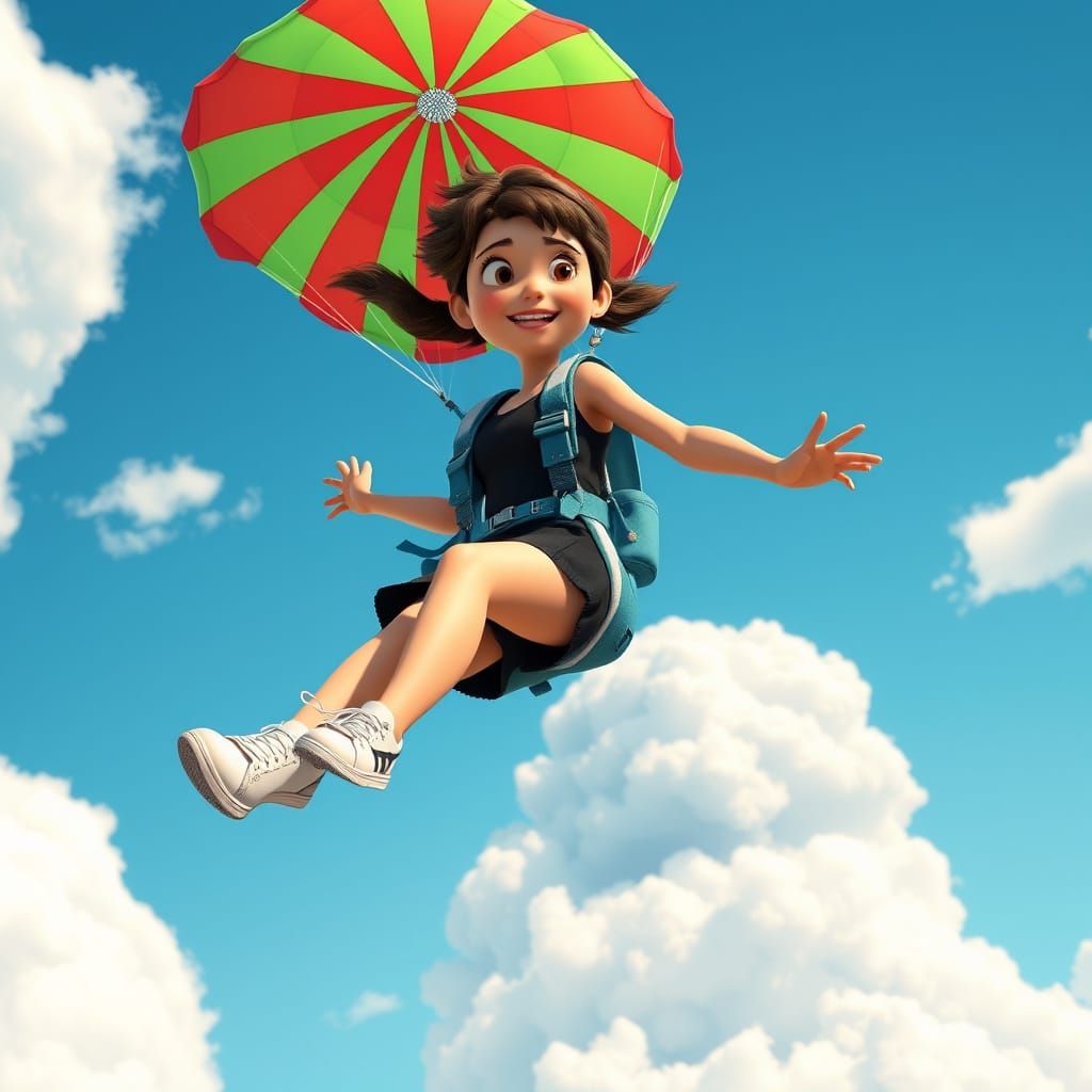 Girl Parachuting in Pixar-Inspired CGI Scene