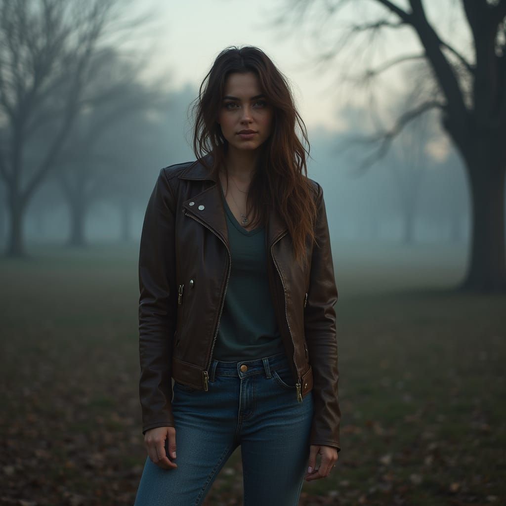 Hyperrealistic Portrait of a Woman in Foggy Park