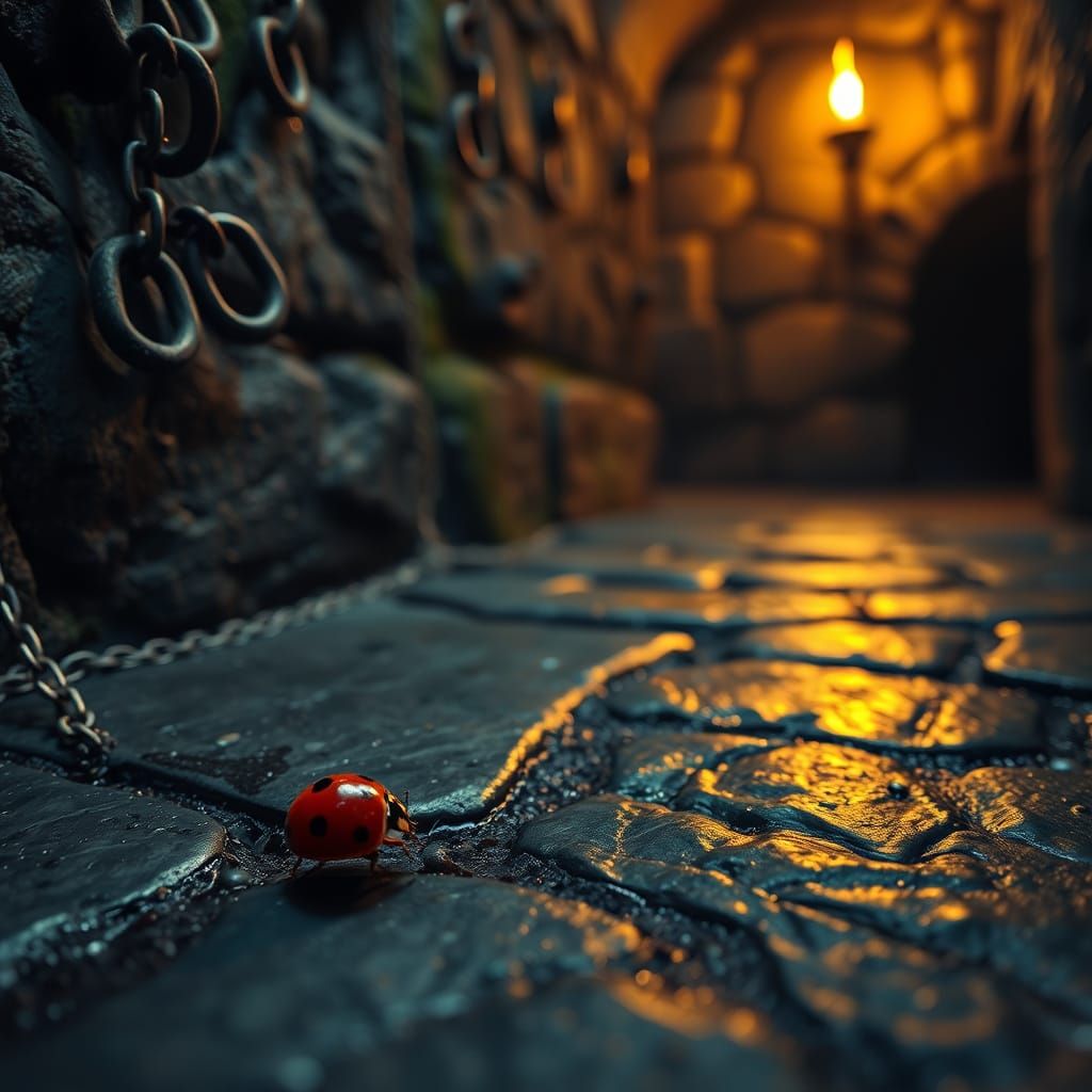 Ladybug Crawling in Gloomy Medieval Dungeon