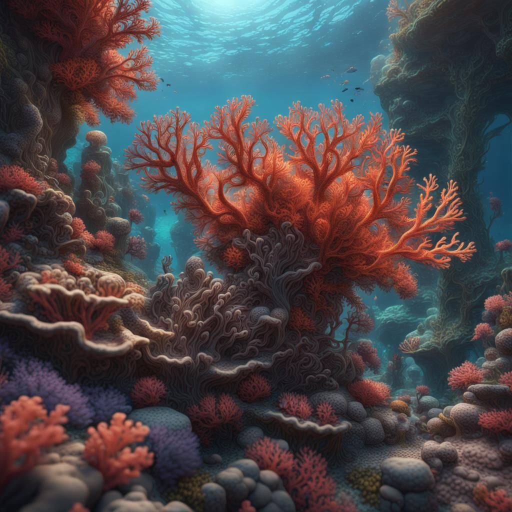 Detailed Filigree Coral Reef in Deep Color