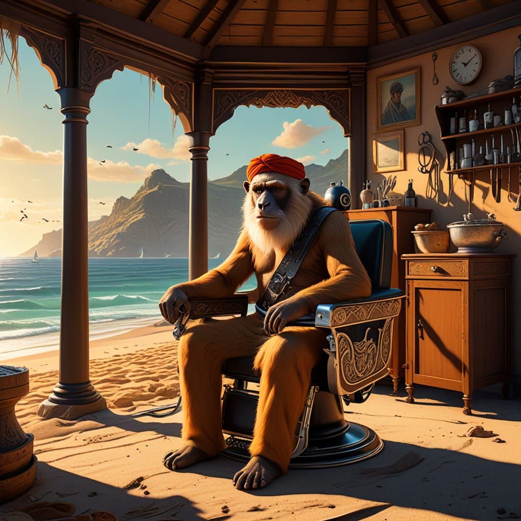 Majestic Pirate Barber Scene in Whimsical Storybook Style