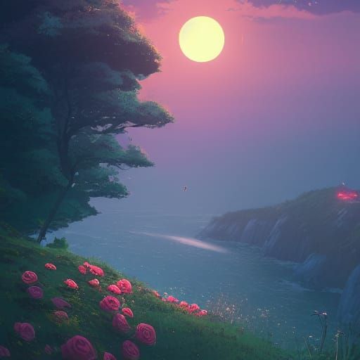 Cliffside Sunrise with Roses in Anime Style