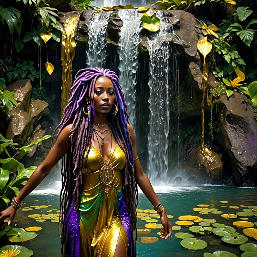 Ethiopian Lady with Dreadlocks Under Waterfall