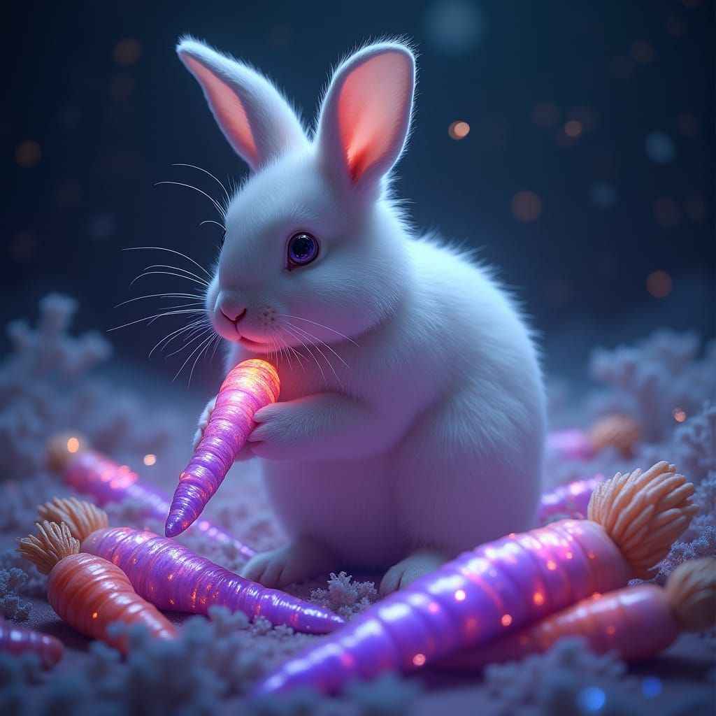 Cosmic Bunny Enjoys Iridescent Carrots in Space