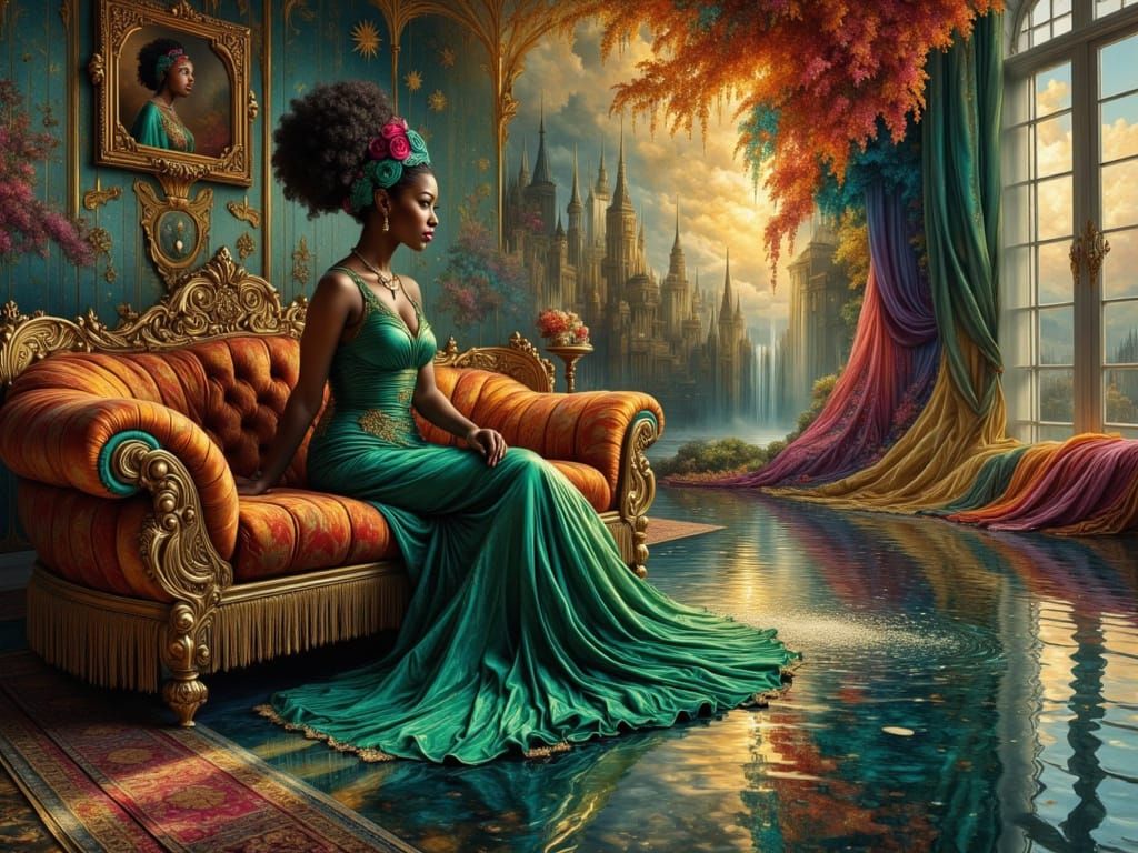 Surreal Black Woman in Opulent Living Room with Waterfall