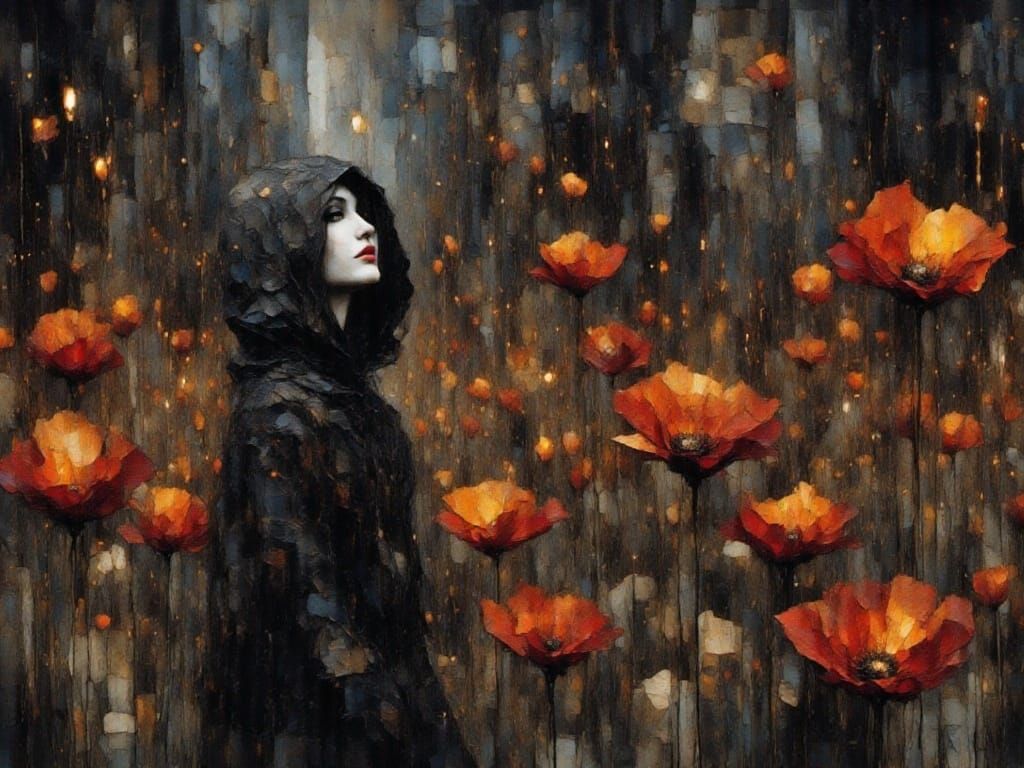 Gothic Woman in Forest at Sunset, Impasto Style