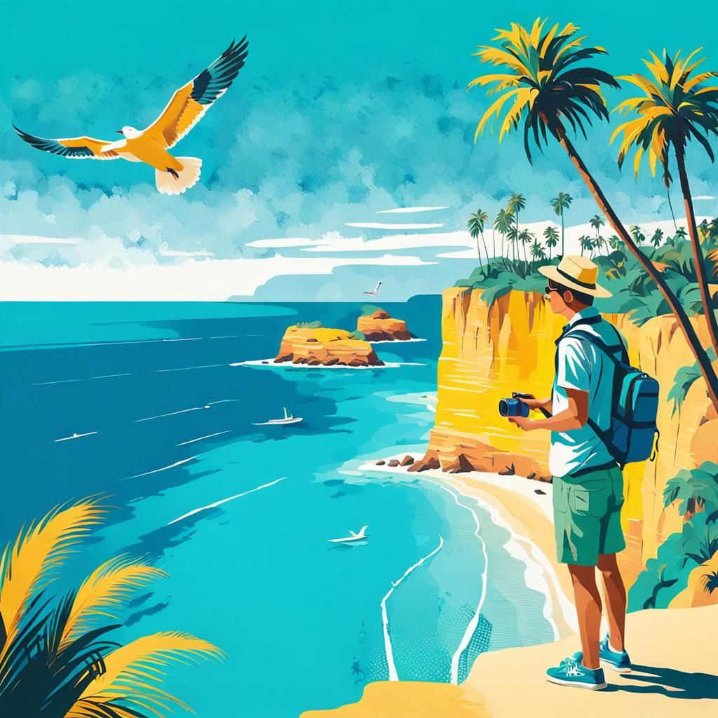 Tropical Beach Travel Poster in Hockney Style