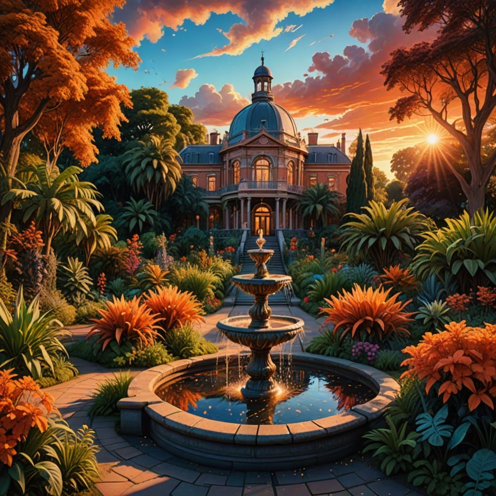 Botanical Garden Fountain at Sunset in Astral Style