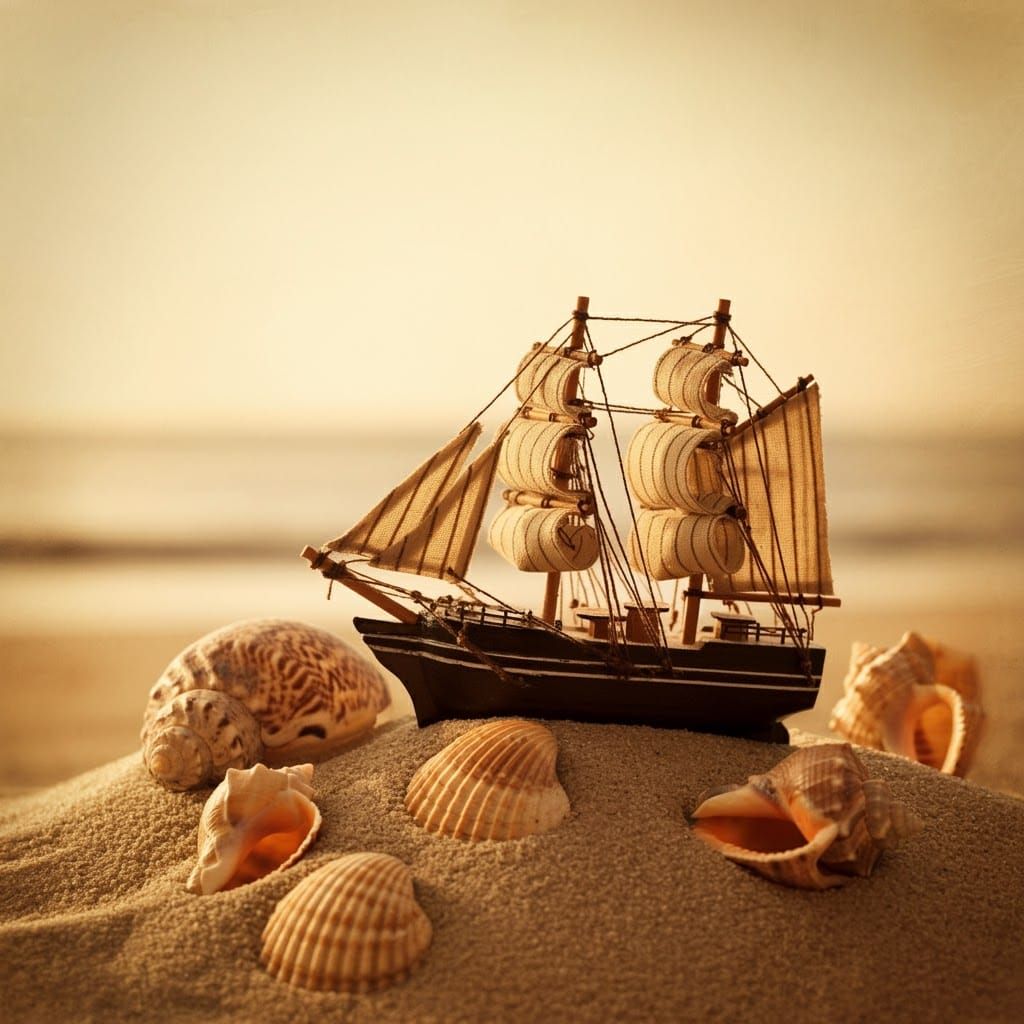 Miniature Ship Washes Ashore: Impressionist Beach Scene