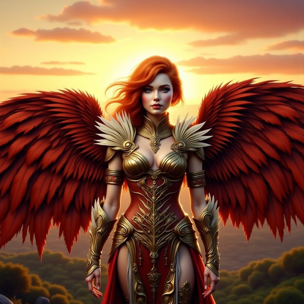 Woman in Fantasy Armor Against Sunset Backdrop