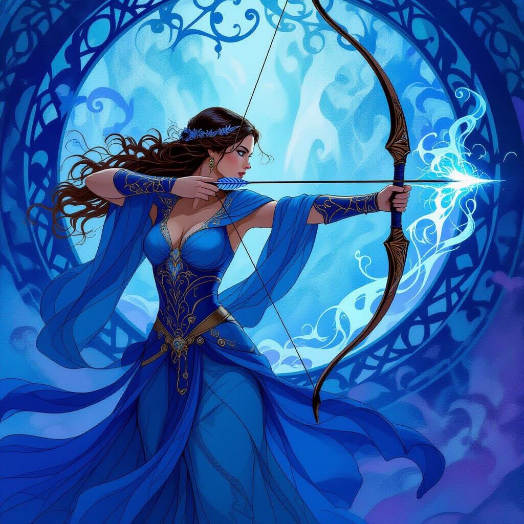 Art Nouveau Archer Woman Warrior With Glowing Arrow