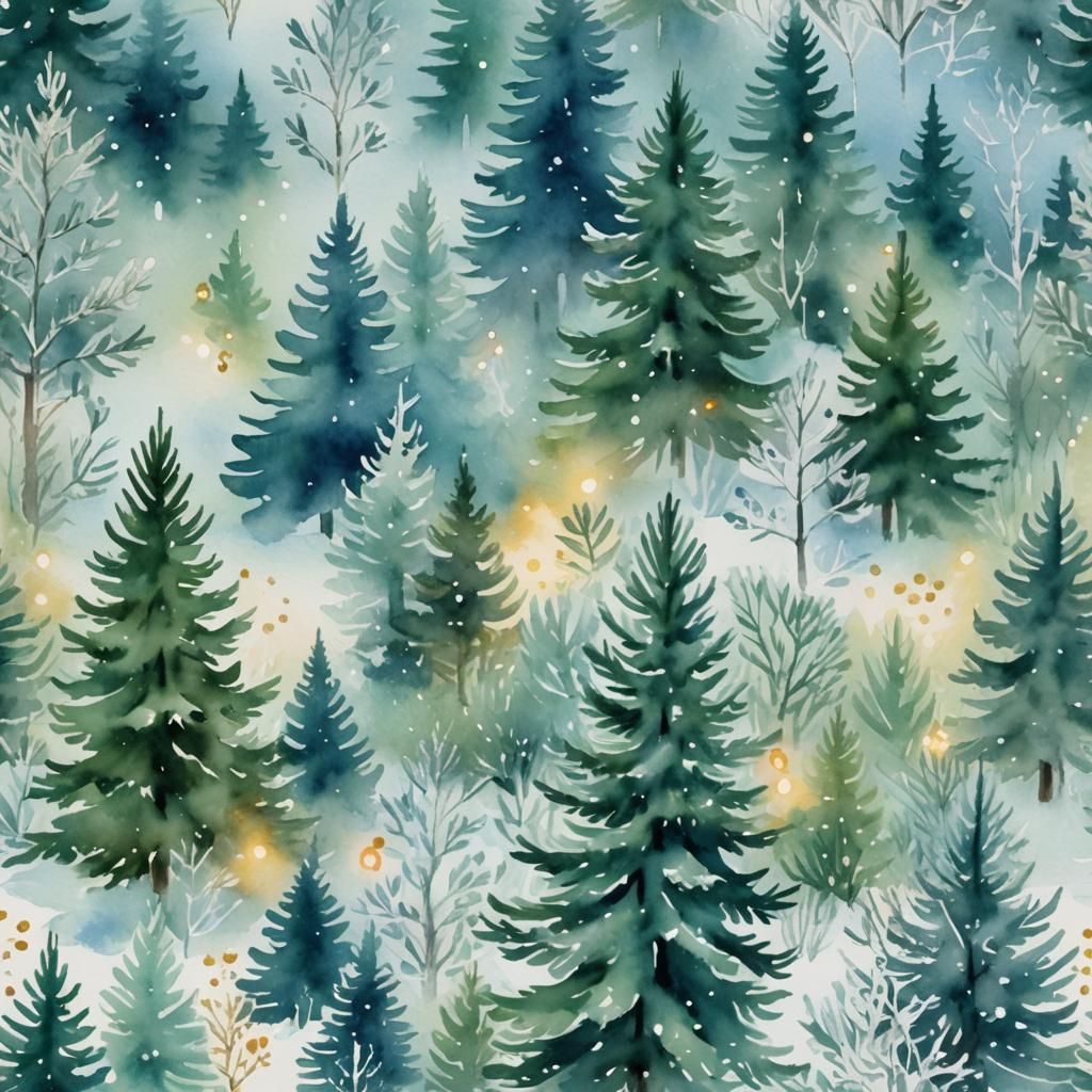 Winter Holiday Trees in Watercolor Painting