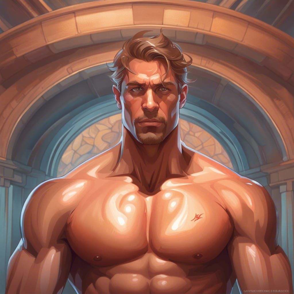Muscular Man Flexing, Hyperdetailed Splash Art
