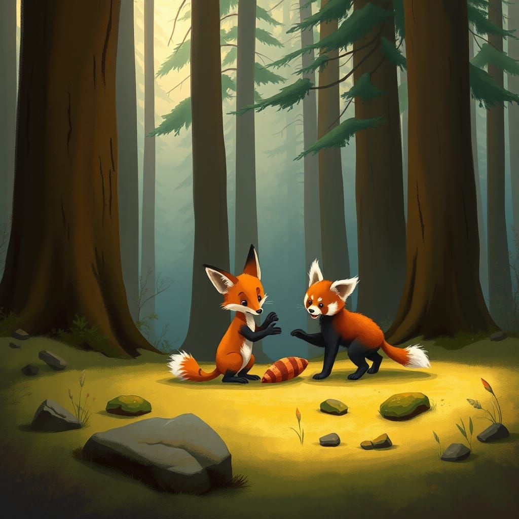 Fox and Red Panda Play in Whimsical Forest