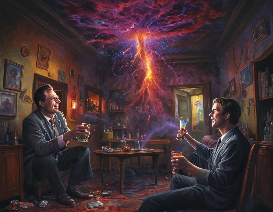 Surreal Cyberpunk Scene with God Rays and Rainbow Figures