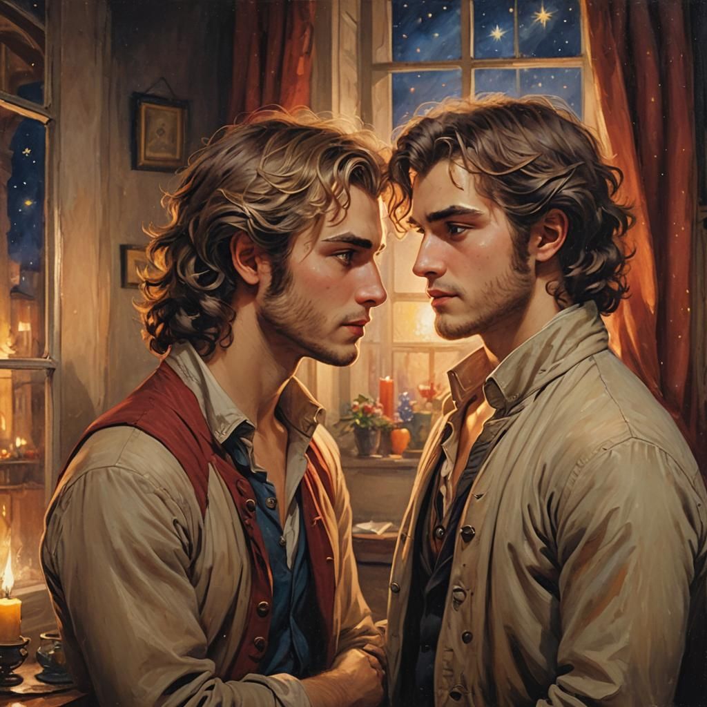 Enjolras and Grantaire: Romantic Art Nouveau Oil Painting