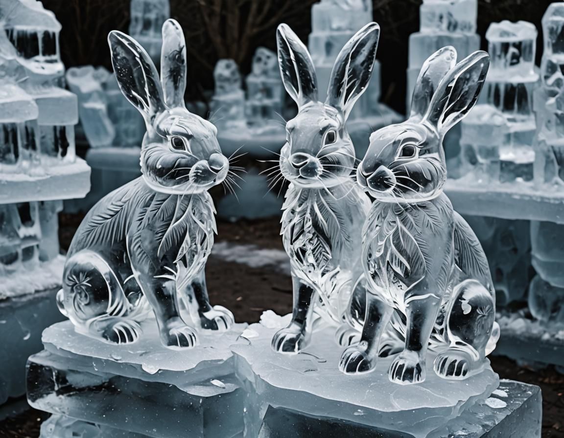 Rabbits Carving Ice Sculptures in Winter