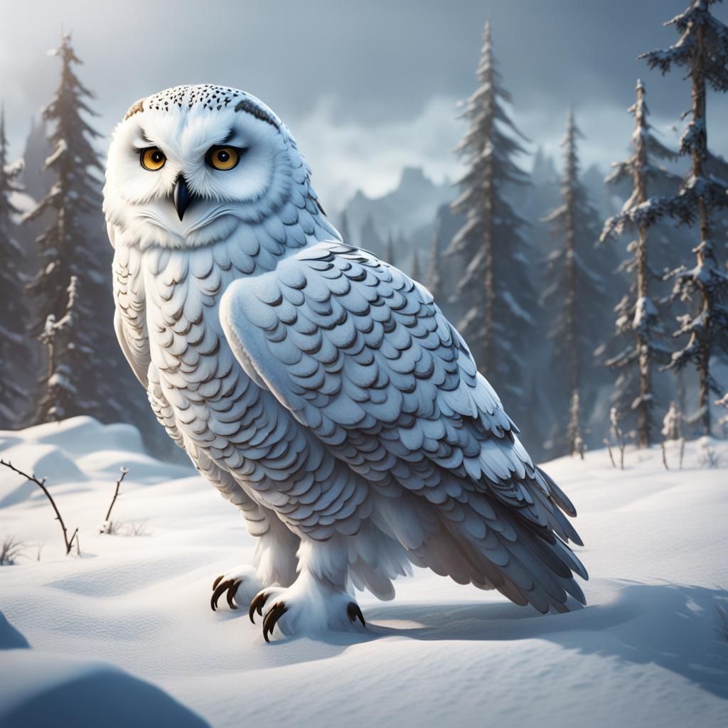 Snow Owl in Winter Landscape, Detailed Matte Painting