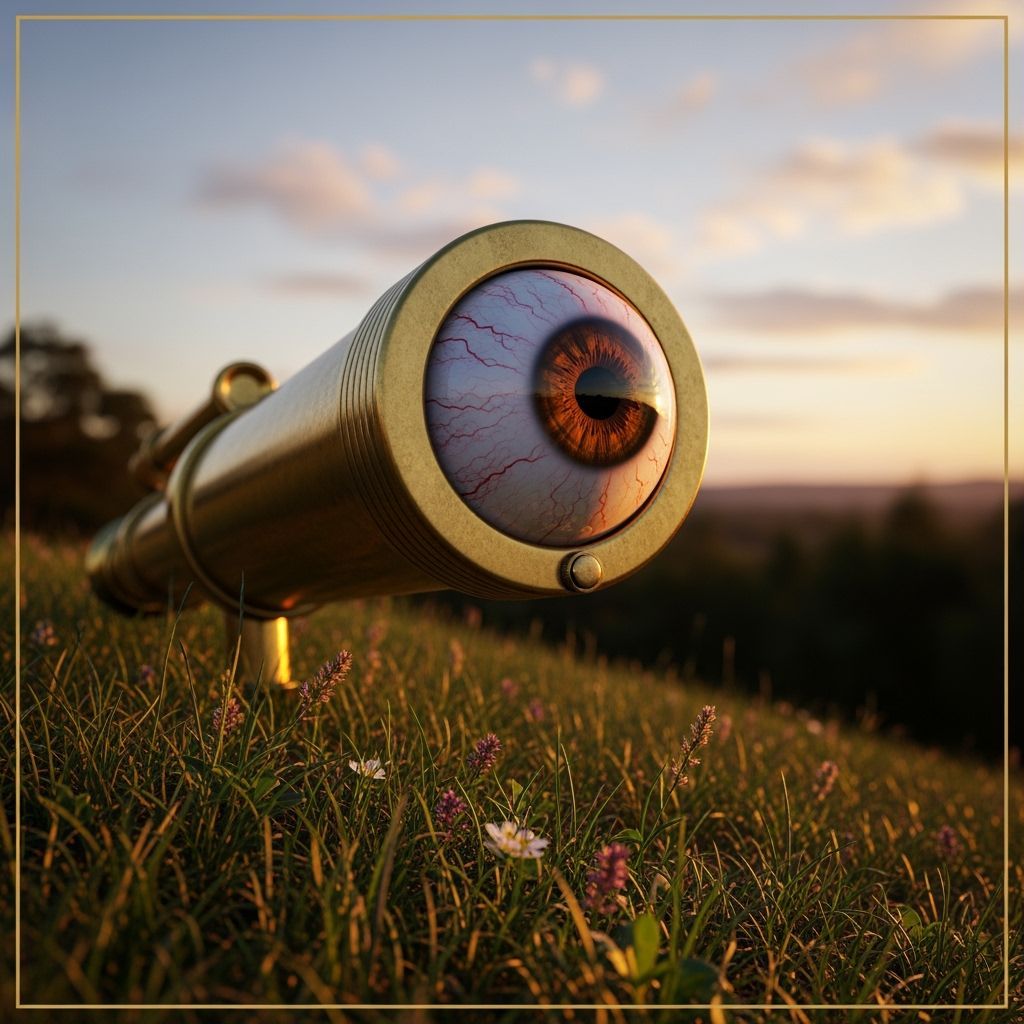 vintage telescope eye on a grassy hill