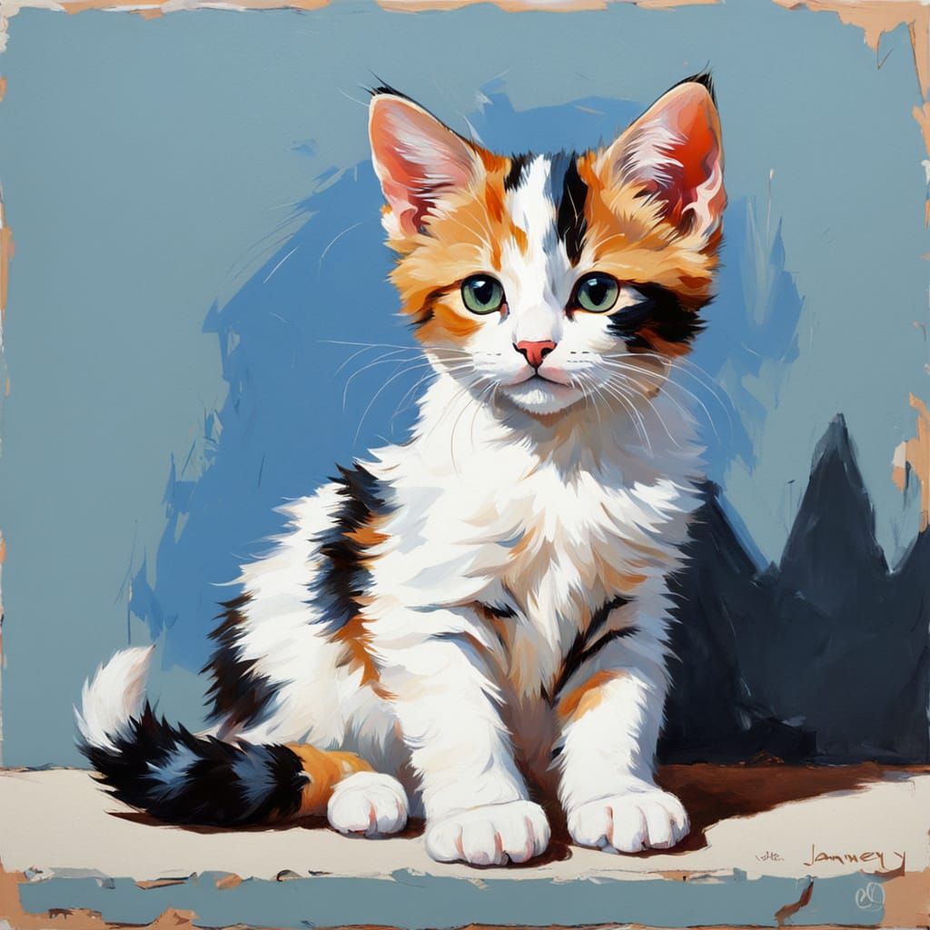 Whimsical Calico Kitten in Oil Painting Style