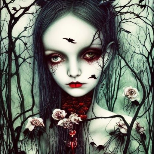 Gothic Portrait with Roses and Crows