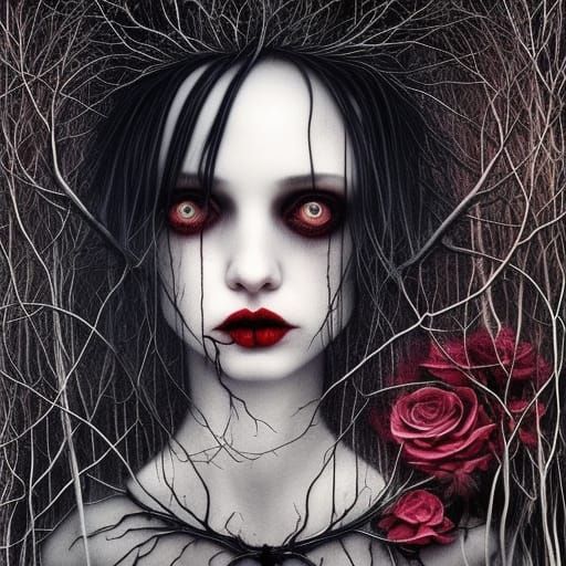 Gothic Portrait with White Hair, Roses and Crows